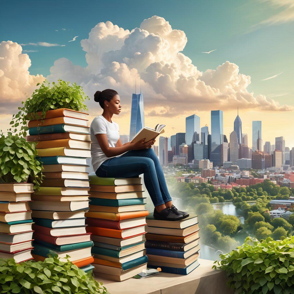 A young adult sitting on a stack of books labeled with various types of insurance such as health, auto, and home, surrounded by a safety net made of green vines symbolizing security. In the background, a bright city skyline to convey financial growth and opportunity. The scene includes a warm and inviting atmosphere with sunlight filtering through clouds. vibrant colors. modern illustration.