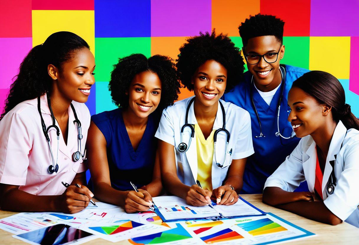A diverse group of young adults engaging in a discussion about insurance, surrounded by visual elements of healthcare and life coverage, such as a stethoscope, policy documents, and vibrant charts. The setting is bright and inviting, symbolizing empowerment and support for their financial future. The atmosphere should exude positivity and collaboration. super-realistic. vibrant colors. 3D.