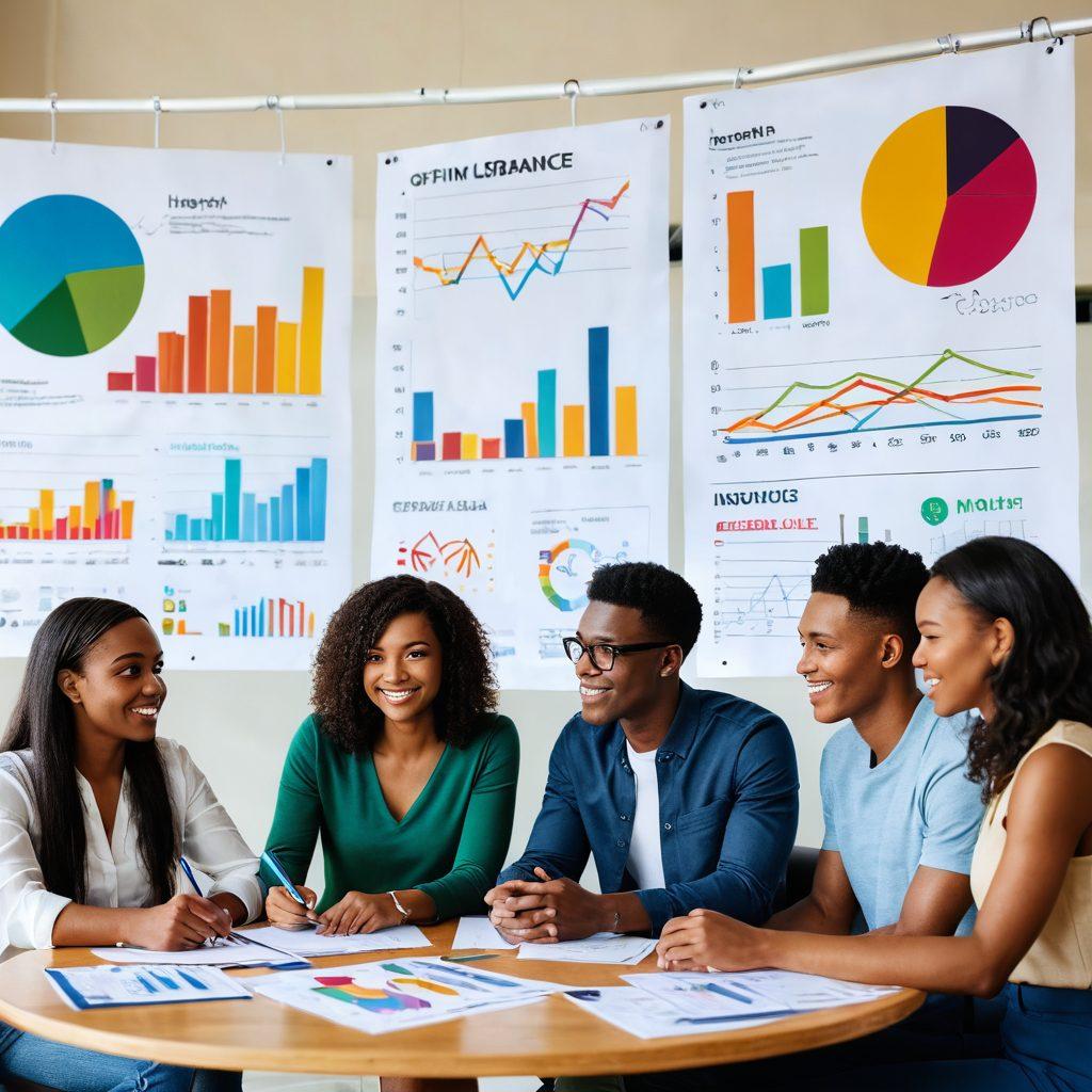 A diverse group of young adults confidently discussing insurance policies around a table, surrounded by vibrant charts and graphs illustrating financial security and growth. The background features symbols of various insurance types, like health, auto, and life, creatively interwoven into the scene. Natural light streams in, giving a sense of optimism and empowerment. super-realistic. vibrant colors. inviting atmosphere.